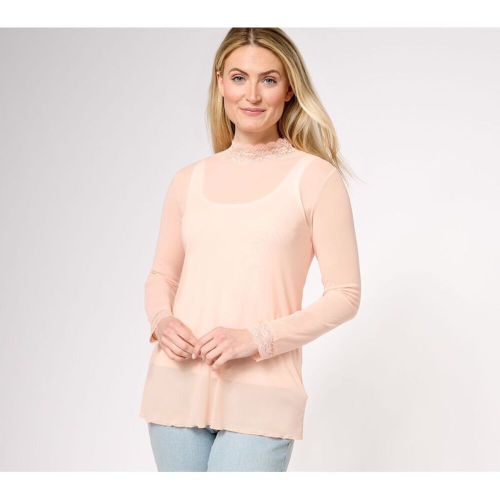 Farmers Defense Women's Top Sz S Sheer Mesh Mock Neck Lace Trim Pink